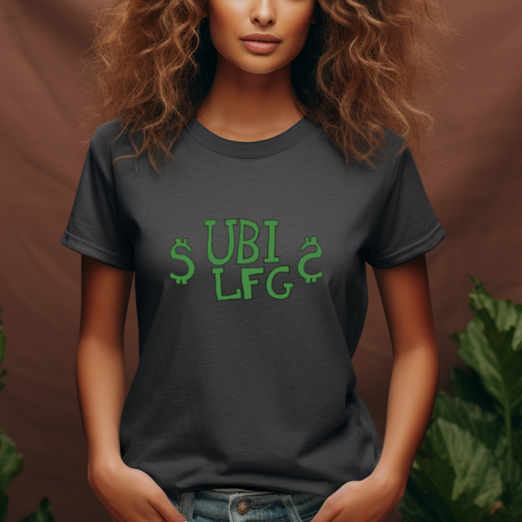 A woman wearing a gray t-shirt that reads 